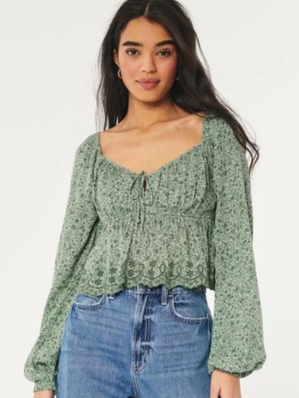 Hollister Green Floral Long Sleeve Peasant Top